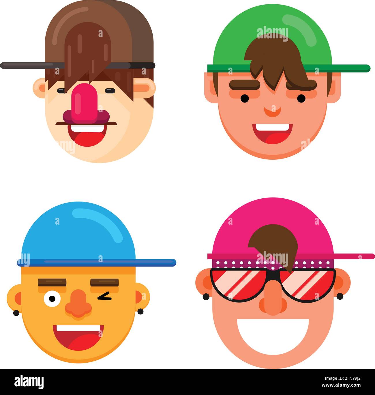 Set of four flat design fashionable boys face. Isolated vector illustration of Boys wearing Caps. Stock Vector