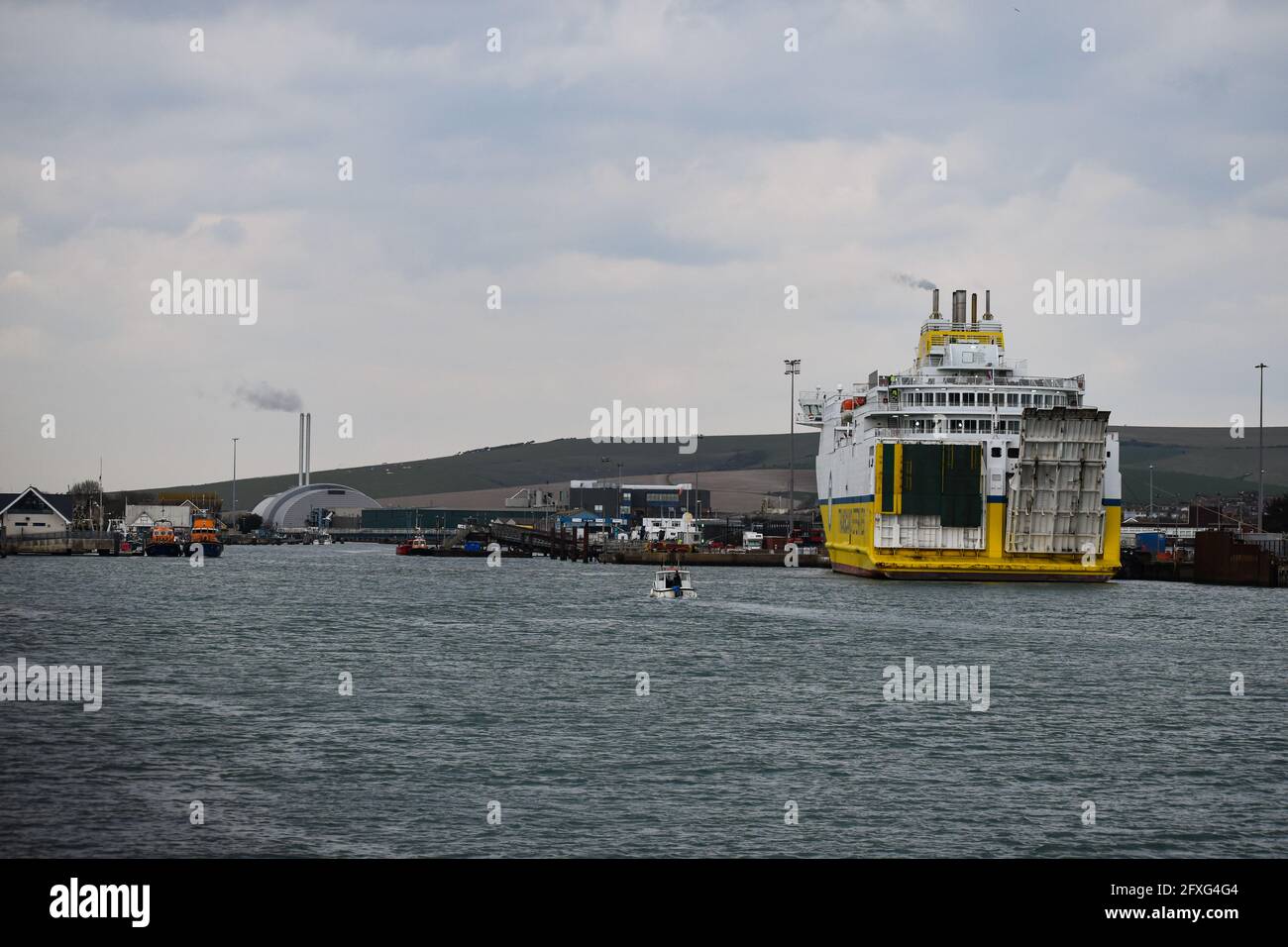 A busy Newhaven Harbour in mid April Stock Photo