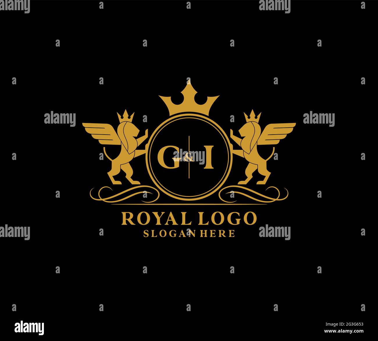 GI Letter Lion Royal Luxury Heraldic,Crest Logo template in vector art for Restaurant, Royalty, Boutique, Cafe, Hotel, Heraldic, Jewelry, Fashion and Stock Vector