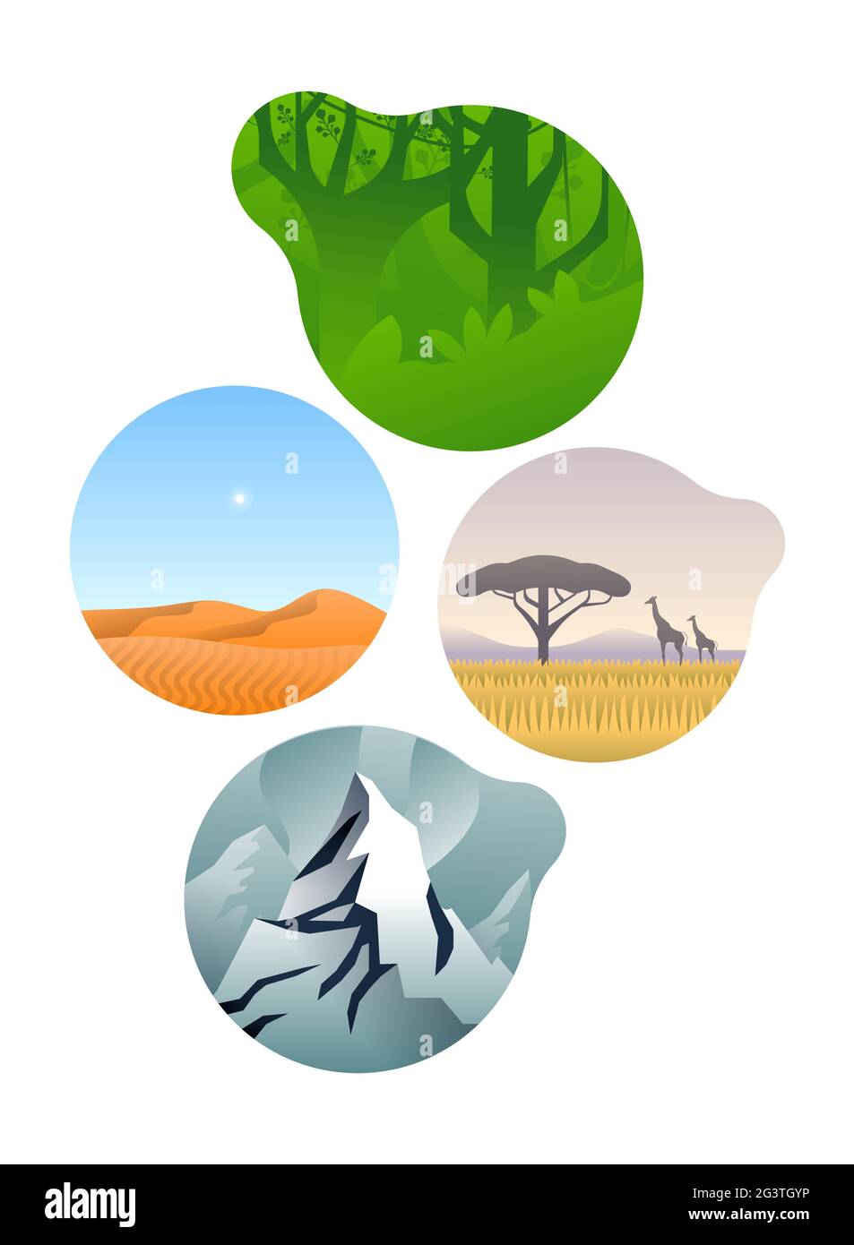 Diverse ecosystem illustration collection on isolated background. Modern gradient style education design includes jungle, desert and snow environment Stock Vector