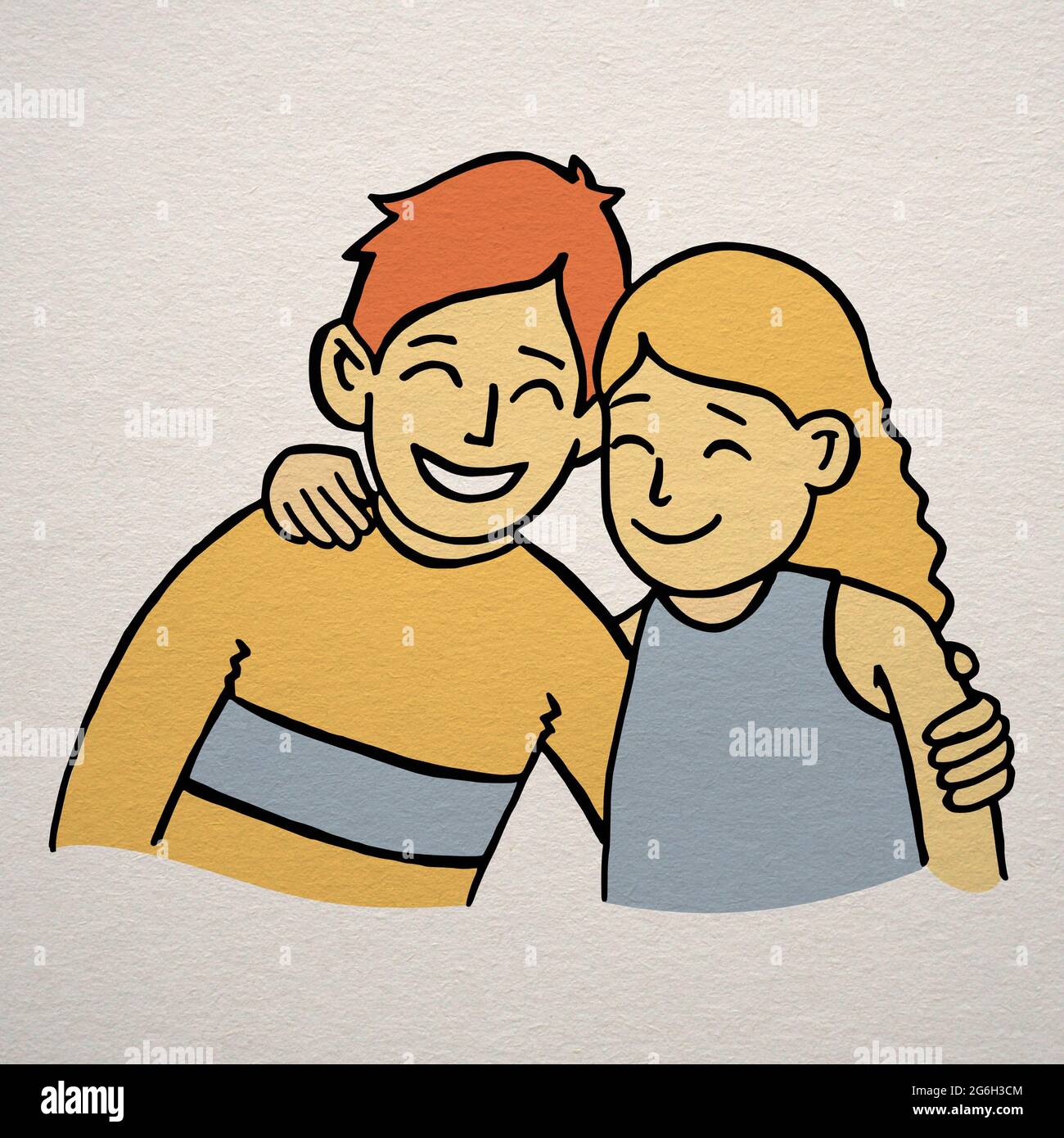 A happy positive boy and a cute smiling girl hugging cartoon style illustration - Brother and sister drawing Stock Photo