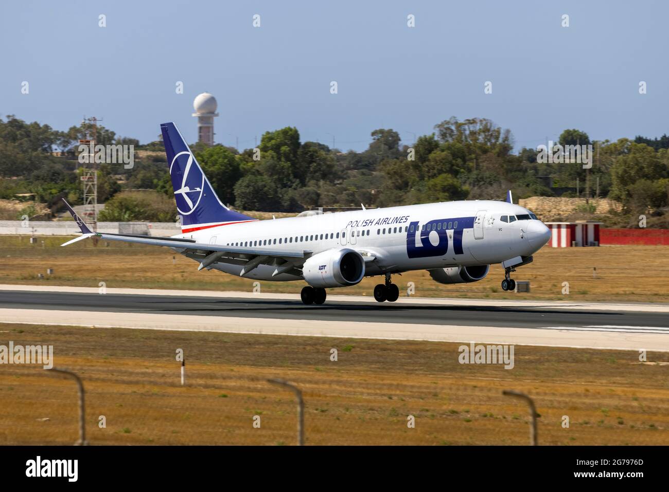 LOT - Polish Airlines Boeing 737-8 MAX (REG: SP-LVC) arriving from Warsaw. Stock Photo