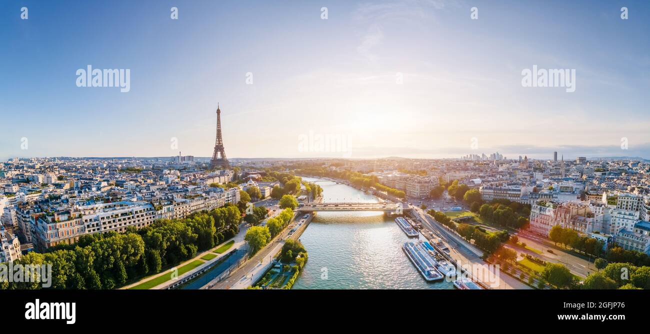 Paris aerial panorama with river Seine and Eiffel tower, France. Romantic summer holidays vacation destination. Panoramic view above historical Parisi Stock Photo