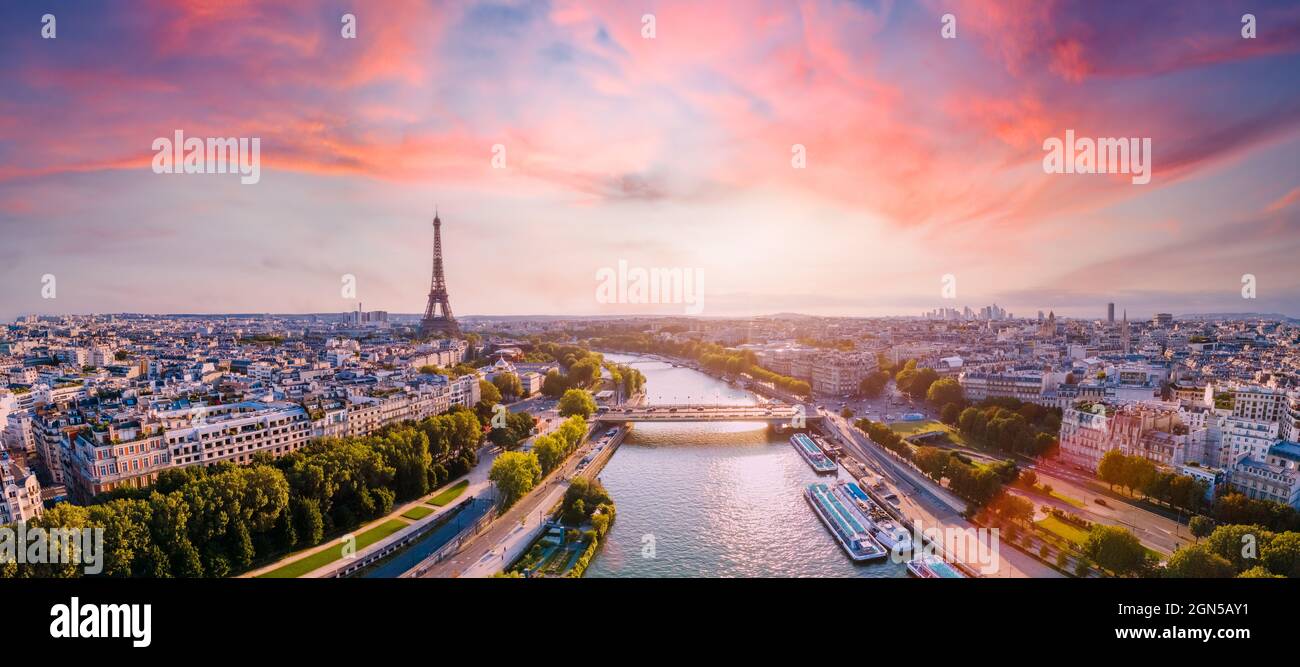 Paris aerial panorama with river Seine and Eiffel tower, France. Romantic summer holidays vacation destination. Panoramic view above historical Parisi Stock Photo