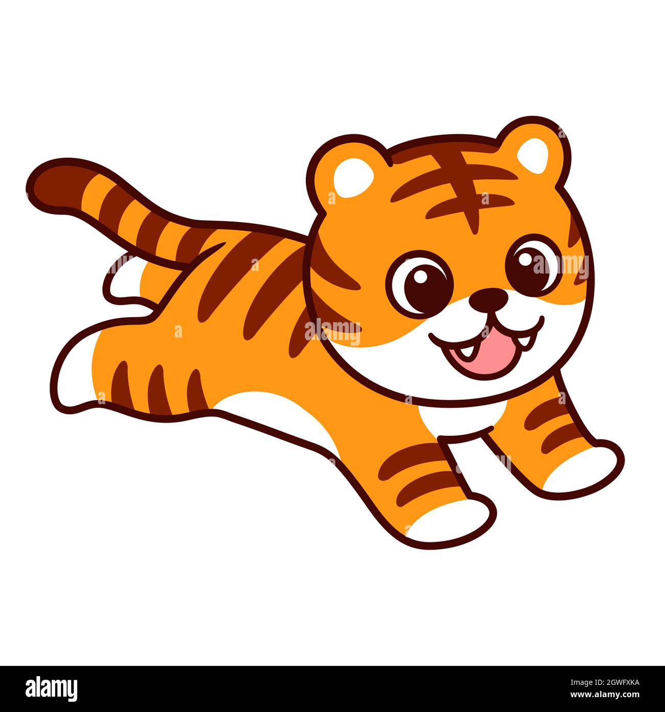 Cute cartoon running or jumping tiger drawing. Funny little tiger pounce. Isolated vector clip art illustration. Stock Vector