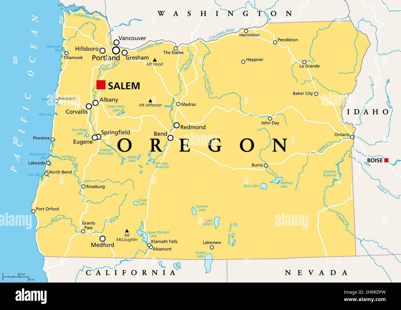 Oregon, OR, political map with the capital Salem. State in the Pacific Northwest region of the Western United States of America. Stock Photo