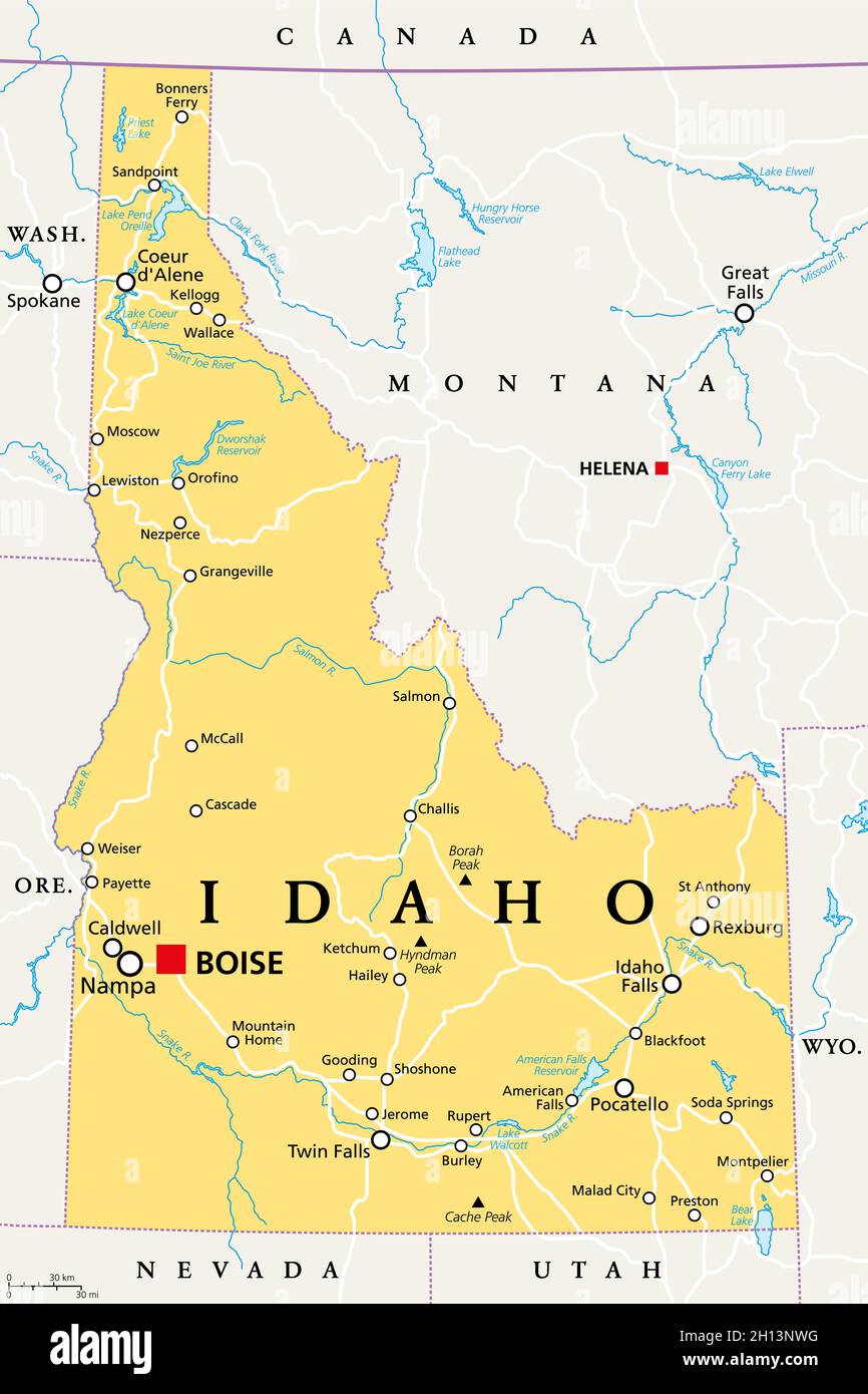 Idaho, ID, political map with the capital Boise, borders, important cities, rivers and lakes. State in the Pacific Northwest region of Western US. Stock Photo