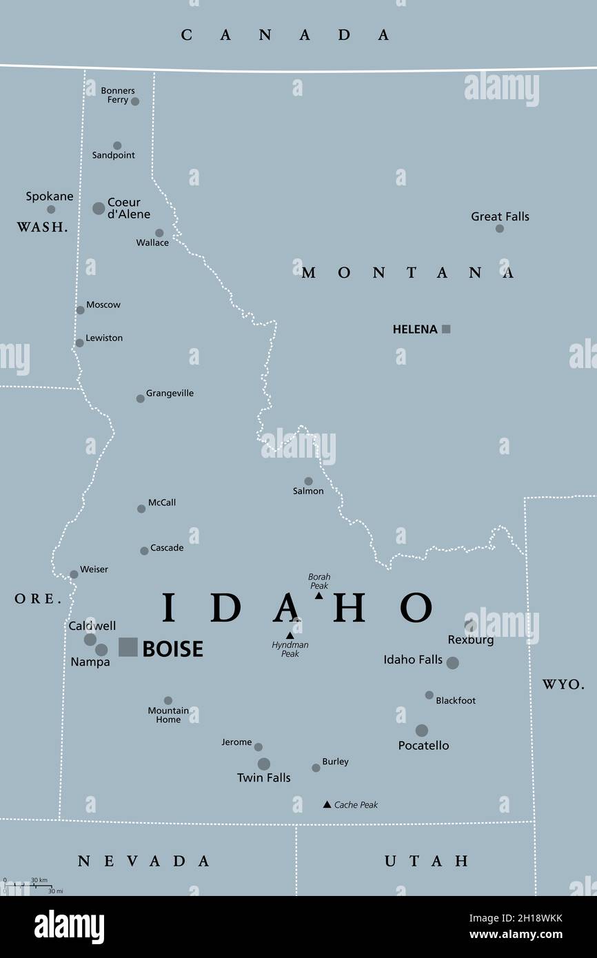 Idaho, ID, gray political map with capital Boise, borders, important cities, rivers and lakes. State in the Pacific Northwest region of Western USA. Stock Photo