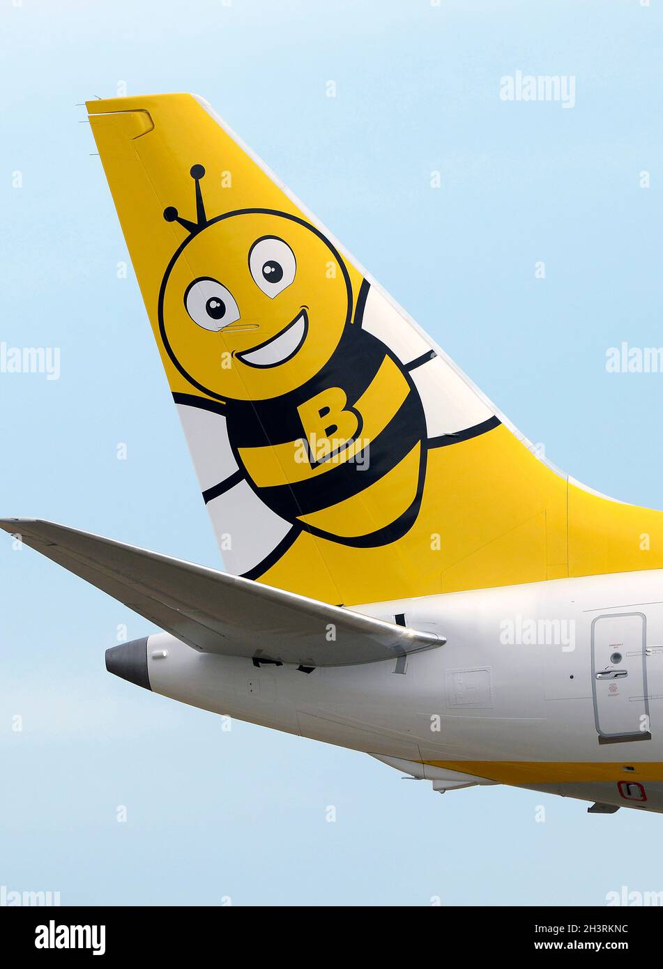 Boeing 737 MAX 8-200 airplane of  Ryanair and Buzz company, with a drawing of a bee on the tail, plate D-AIRY, approaching the Palma de Mallorca Stock Photo