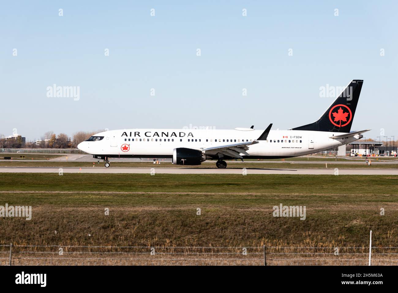 Air Canada white Boeing 737 Max 8 in Montreal Airport, Pierre-Elliott Trudeau, Quebec, Canada Stock Photo