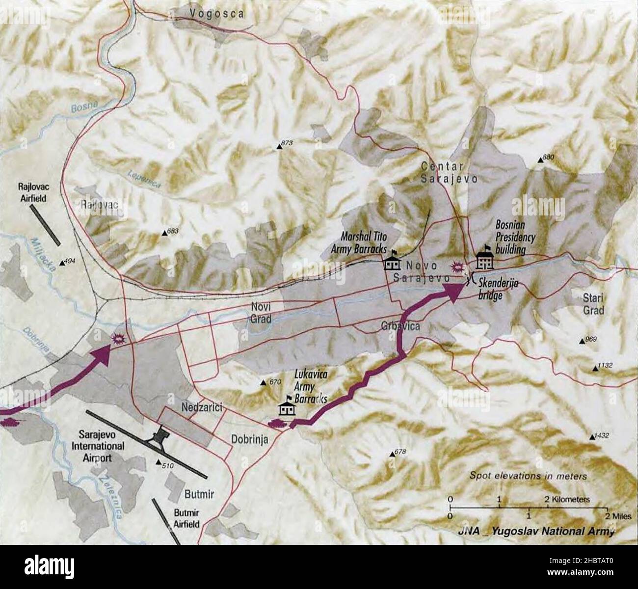 Sarajevo, Bosnia Map - May 2, 1992 Stock Photo