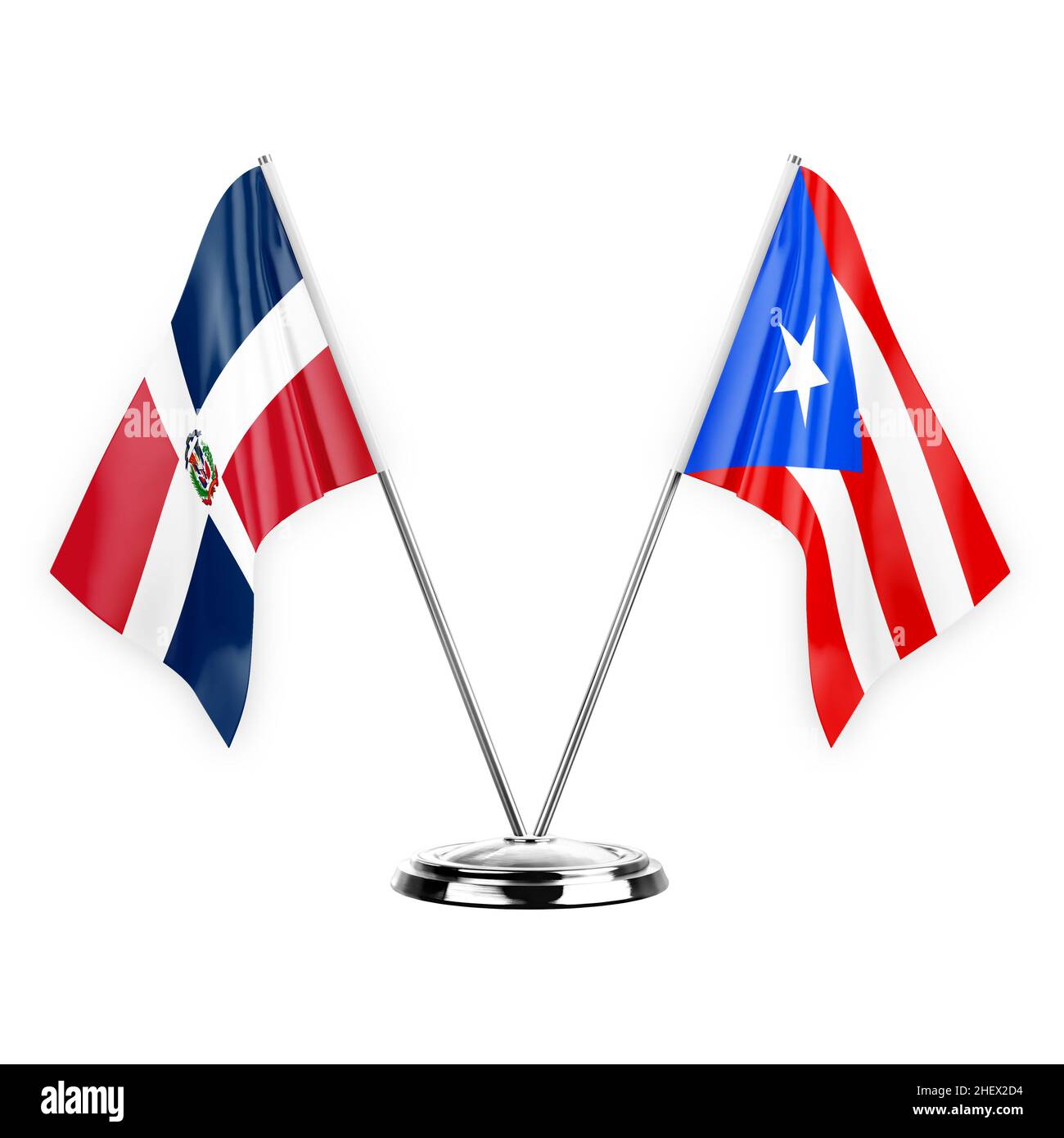 Two table flags isolated on white background 3d illustration, dominican republic and puerto rico Stock Photo