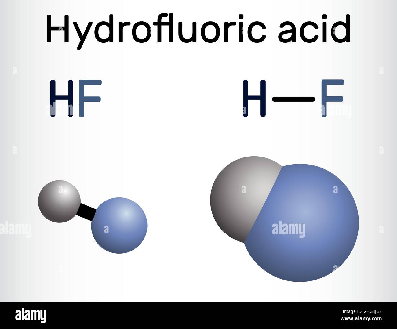 Hydrofluoric acid, hydrofluoride, HF molecule. It is solution of hydrogen fluoride in water. Structural chemical formula and molecule model. Vector il Stock Vector