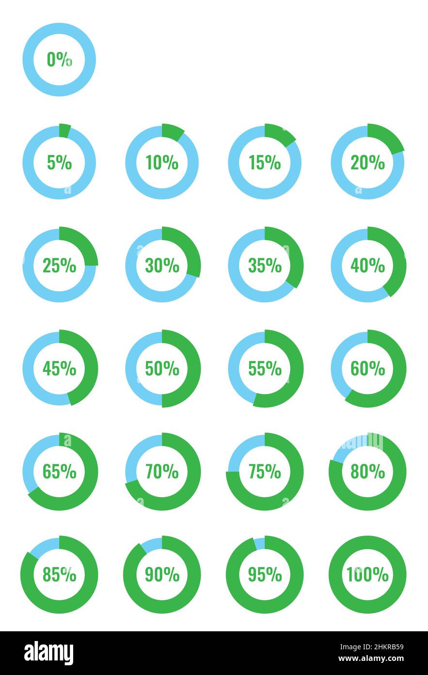 Infographic vector set of percentage pie chart icons 0, 5, 10, 15, 20, 25, 30, 35, 40, 45, 50, 55, 60, 65, 70, 75, 80, 85, 90, 95, 100 Stock Vector