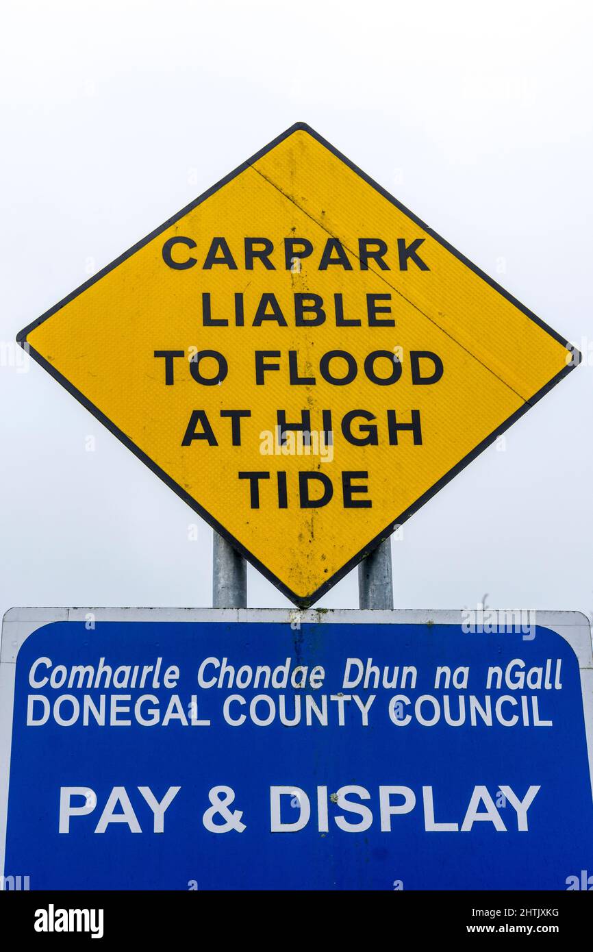 Warning sign, Car park liable to flooding, Donegal Town, County Donegal, Ireland. Stock Photo