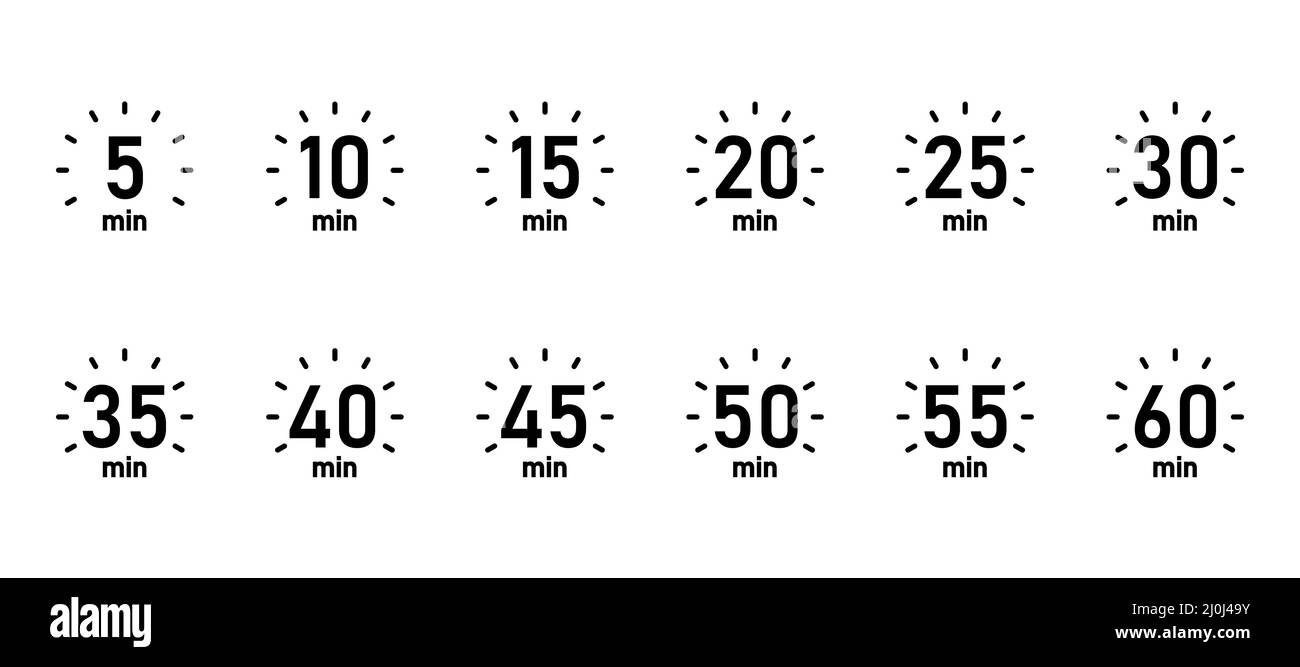 10, 15, 20, 25, 30, 35, 40, 45, 50 min,Timer, clock, stopwatch isolated set icons. Great design for any purposes. Vector logo Stock Vector