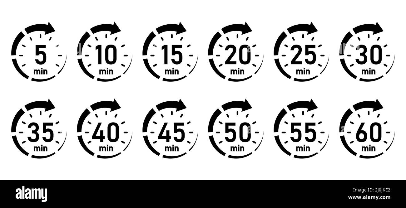 10, 15, 20, 25, 30, 35, 40, 45, 50 min,Timer, clock, stopwatch isolated set icon Stock Vector