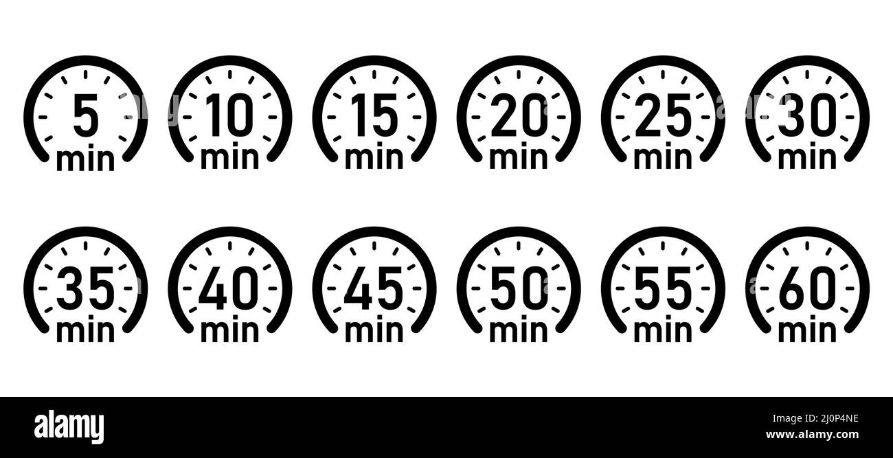 10, 15, 20, 25, 30, 35, 40, 45, 50 min,Timer, clock, isolated set icons vector Stock Vector