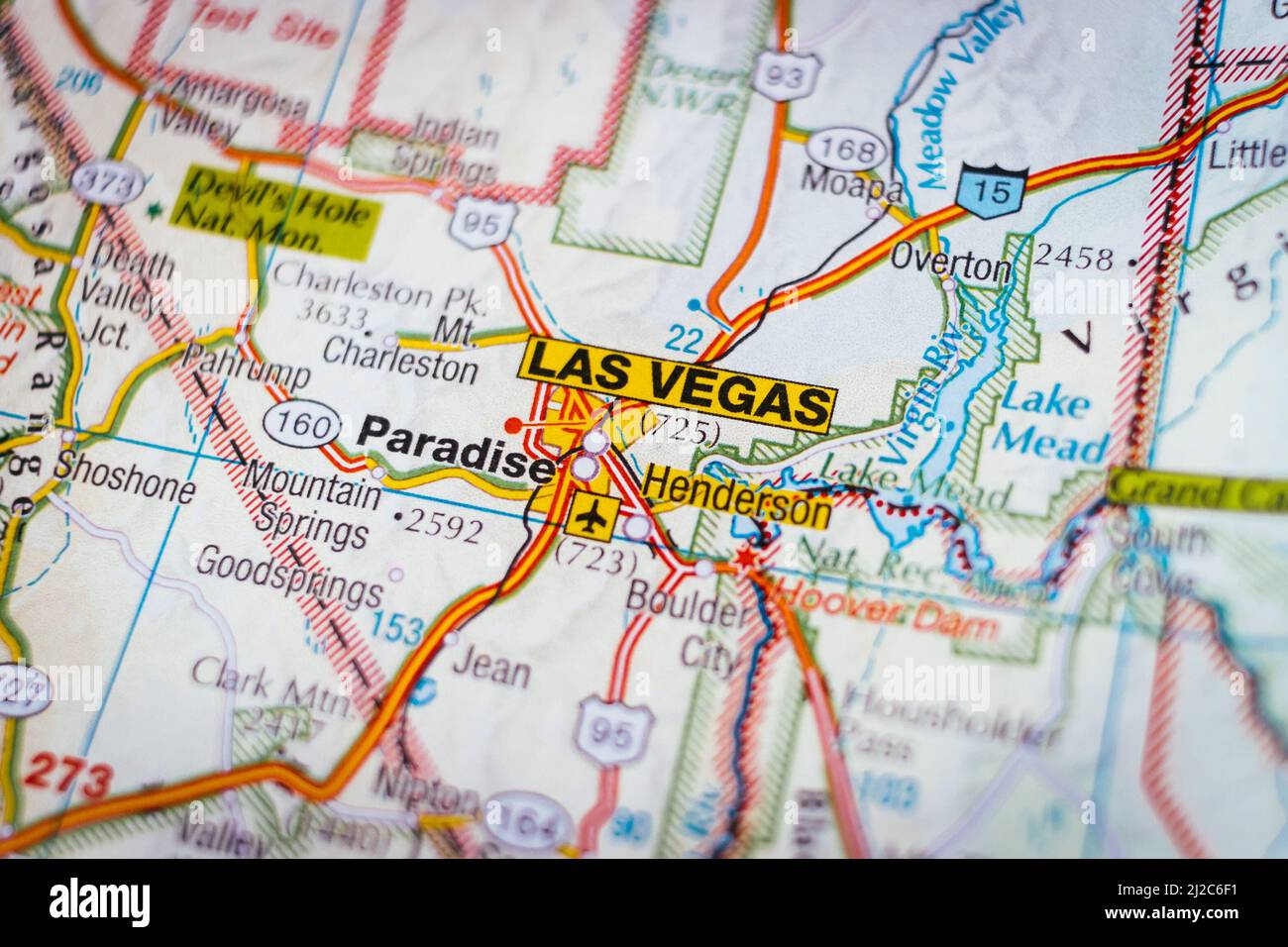 Geographical view of Las Vegas, Paradise and nearby places. Location of cities and towns of USA Stock Photo