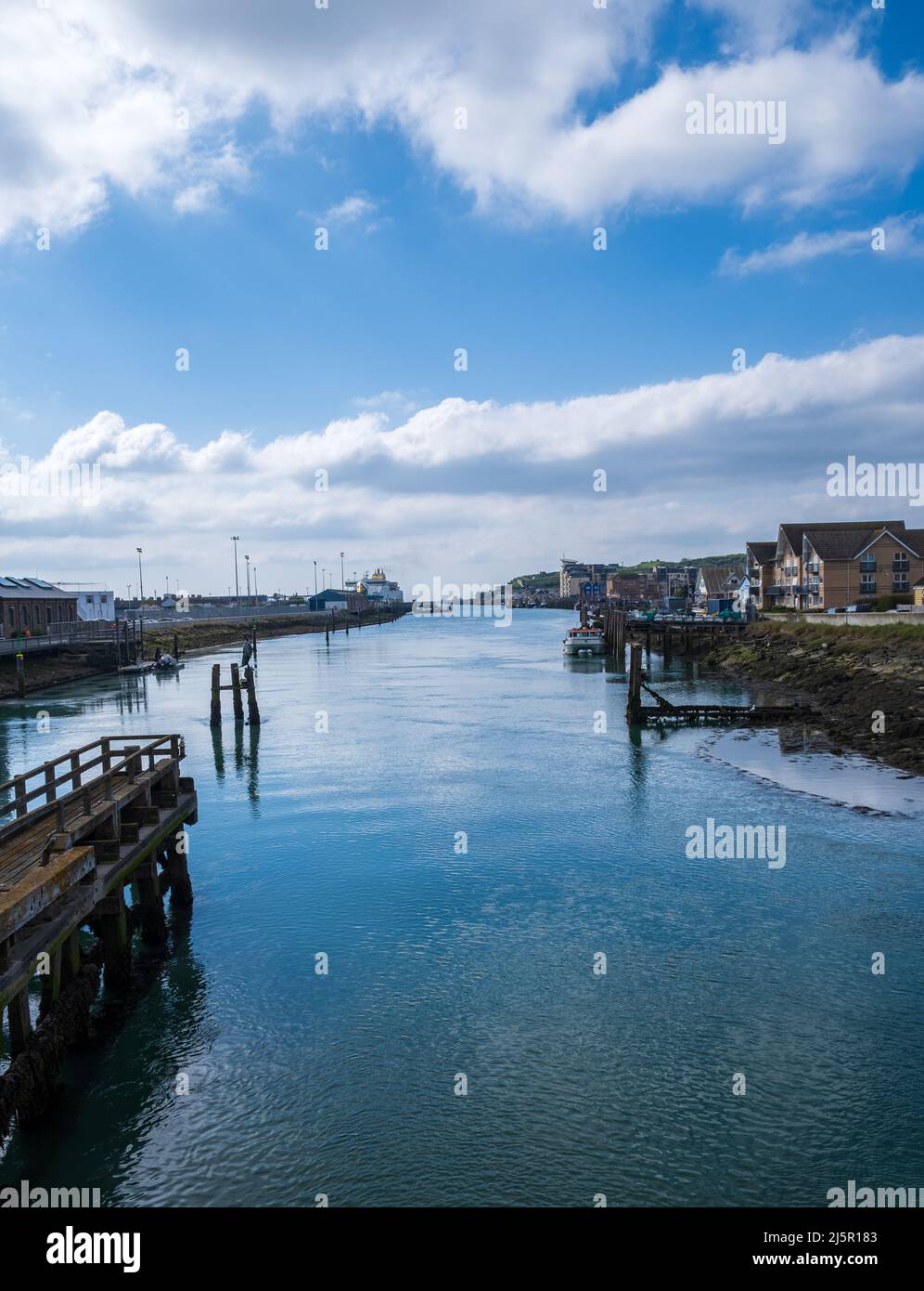 A view of Newhaven harbour, East Sussex, UK, from the swing bridge Stock Photo