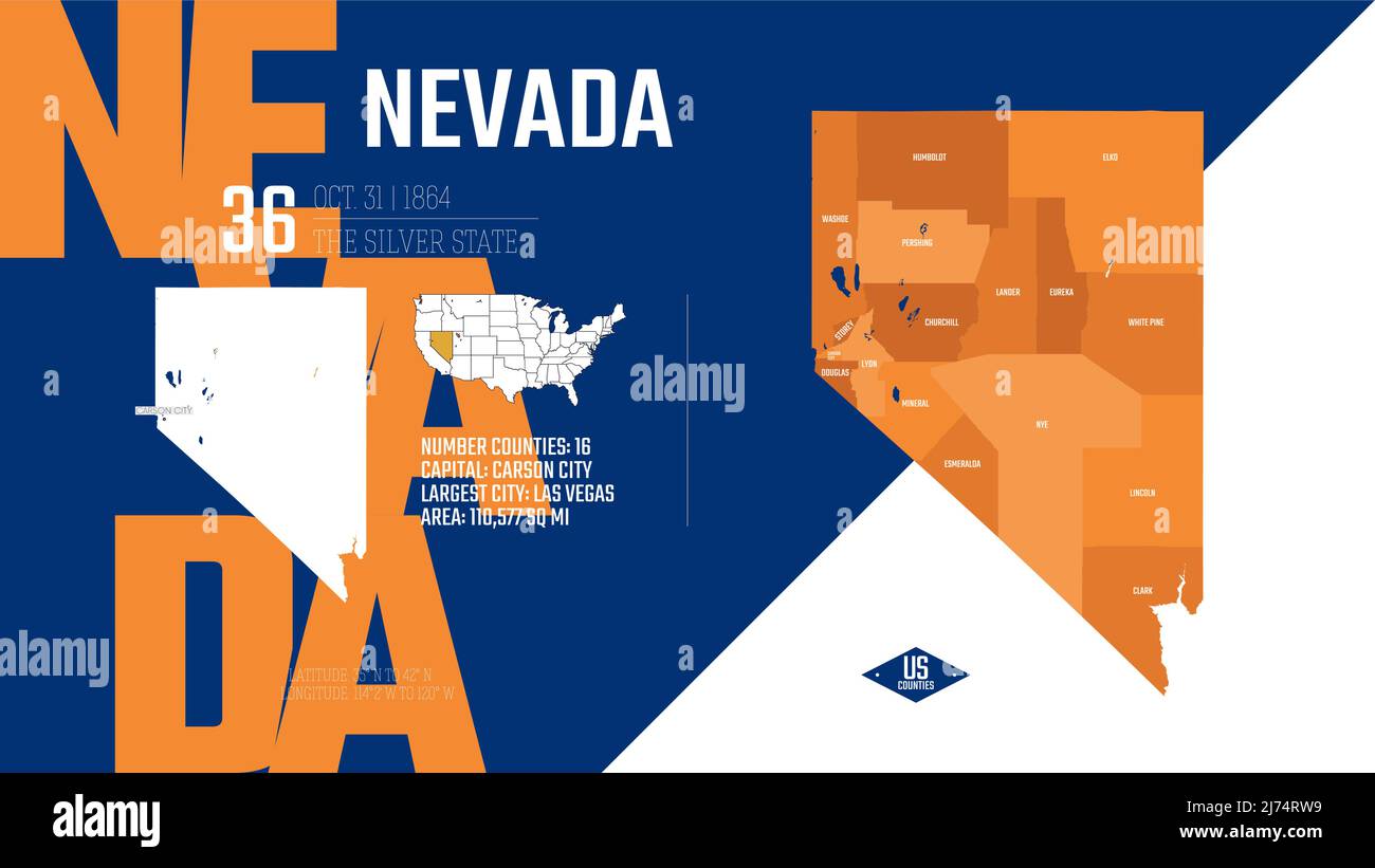 36 of 50 states of the United States, divided into counties with territory nicknames, Detailed vector Nevada Map with name and date admitted to the Un Stock Vector