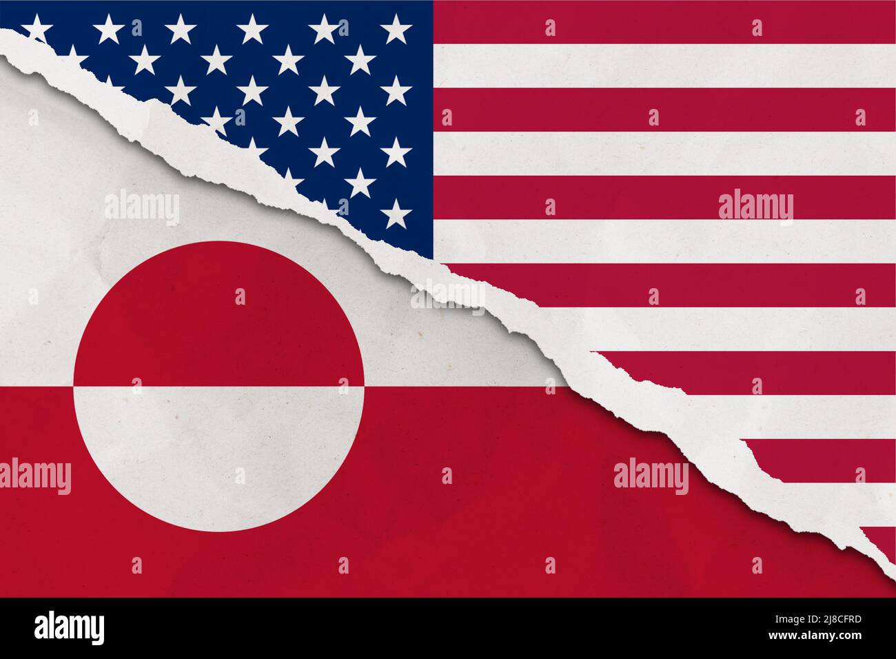 United States and Greenland flag ripped paper grunge background. Abstract USA and Greenland economics, politics conflicts concept texture background Stock Photo