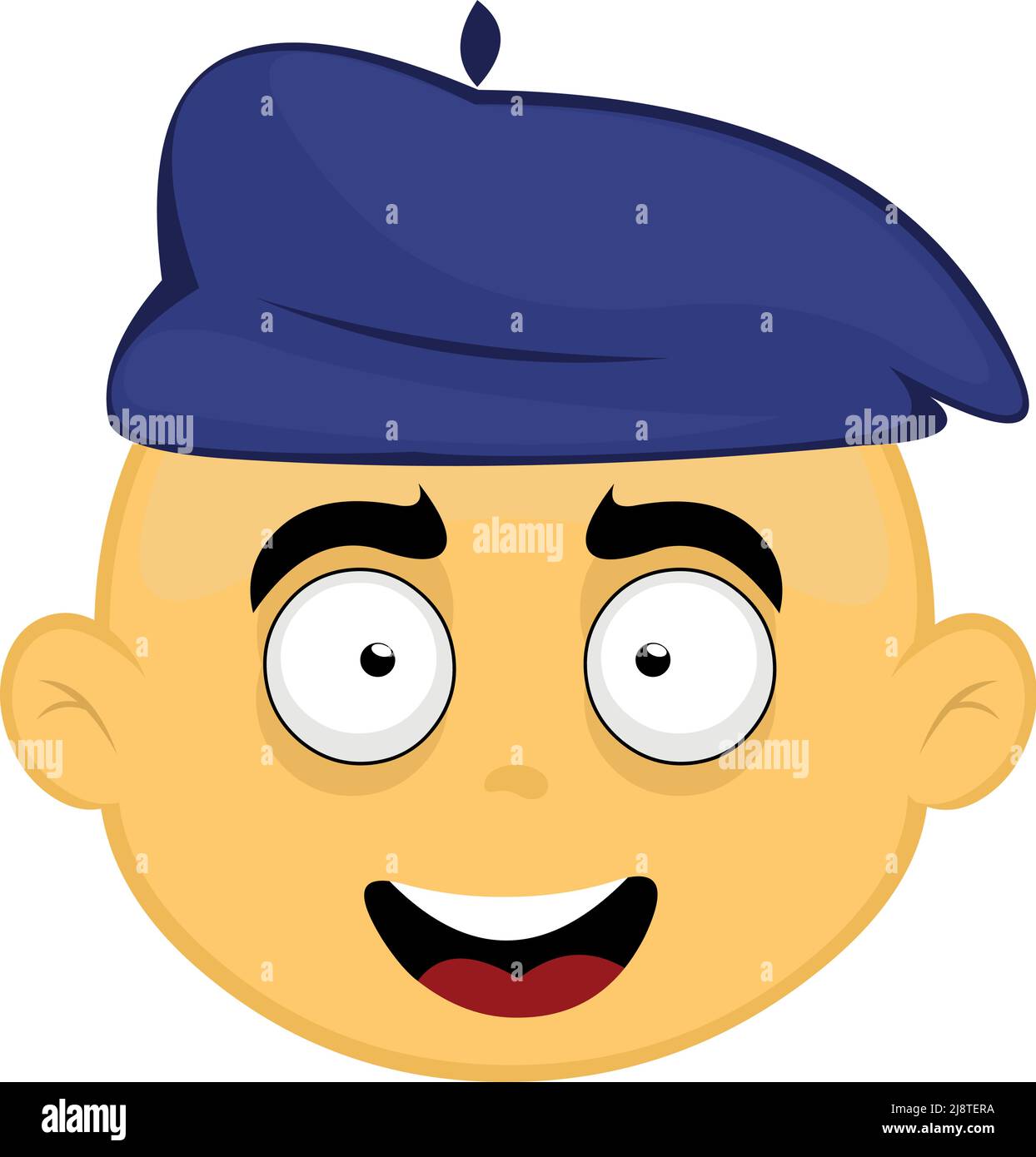 Vector illustration of the face of a yellow character with a happy expression and a blue beret on his head Stock Vector