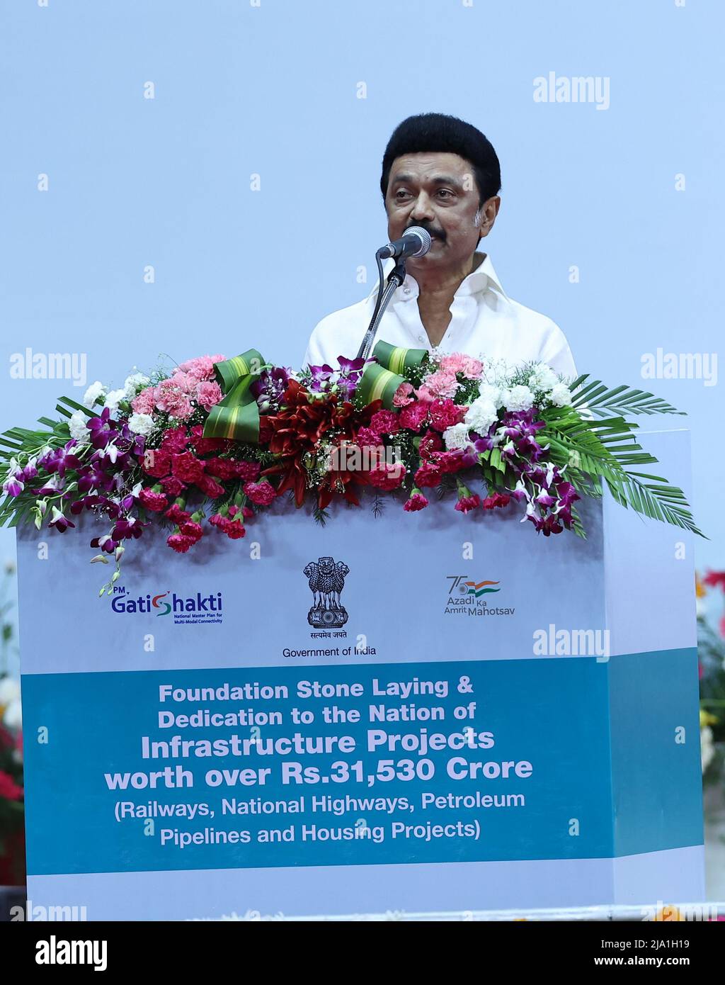 Chennain, India, 26th May 2022: MK Stalin, the CM of Tamil Nadu and president of the DMK Party  during Laying of Foundation  and inauguration of infrastructure projects to theTune of 31580/- on  Railways, National Highways, Petroleum Pipelines and Housing Projects, in Chennai on Thursday. Seshadri SUKUMAR Stock Photo