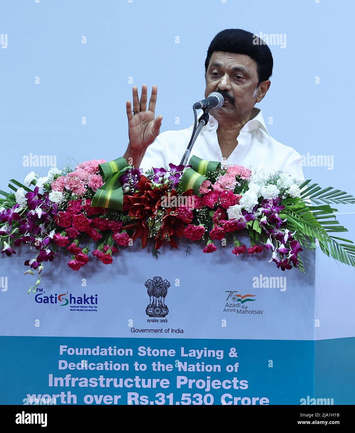 Chennain, India, 26th May 2022: MK Stalin, the CM of Tamil Nadu and president of the DMK Party  during Laying of Foundation  and inauguration of infrastructure projects to theTune of 31580/- on  Railways, National Highways, Petroleum Pipelines and Housing Projects, in Chennai on Thursday. Seshadri SUKUMAR Stock Photo