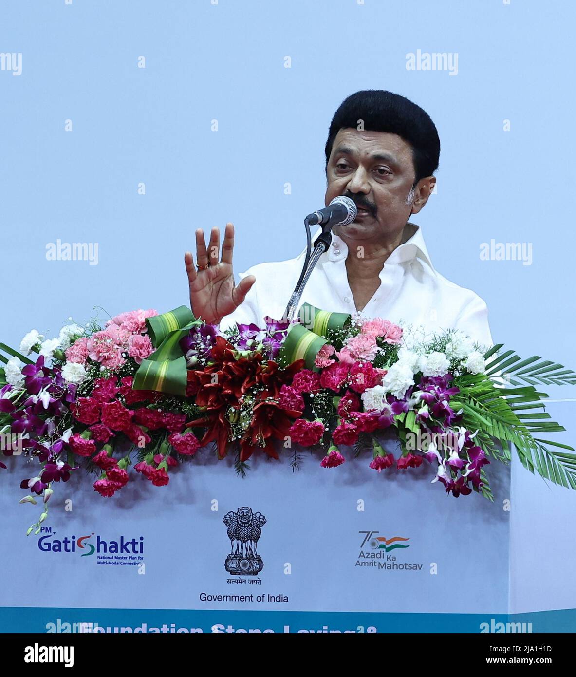 Chennain, India, 26th May 2022: MK Stalin, the CM of Tamil Nadu and president of the DMK Party  during Laying of Foundation  and inauguration of infrastructure projects to theTune of 31580/- on  Railways, National Highways, Petroleum Pipelines and Housing Projects, in Chennai on Thursday. Seshadri SUKUMAR Stock Photo