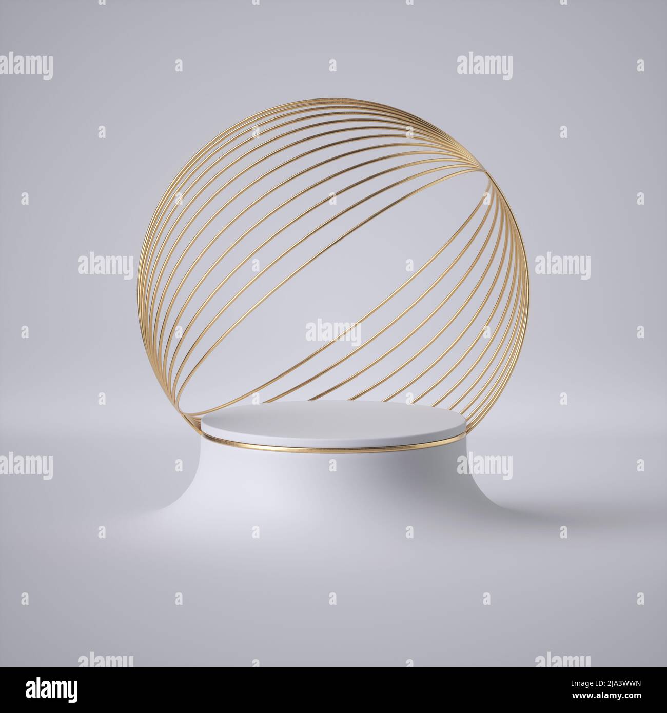 3d render, abstract white background, modern minimal concept, clean style. Empty cylinder podium, vacant pedestal, round golden cage, showcase, Stock Photo