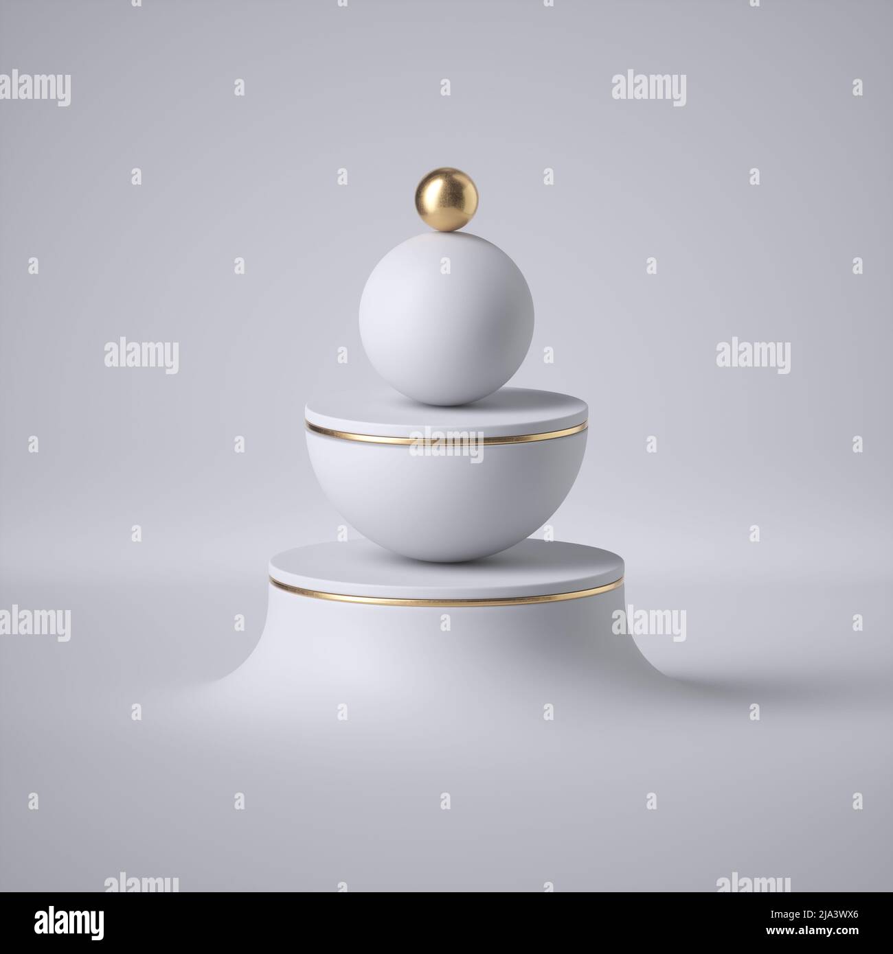 3d render, abstract white background, modern minimal design, balance concept, clean style. White sphere, gold ball, golden ring. Stock Photo