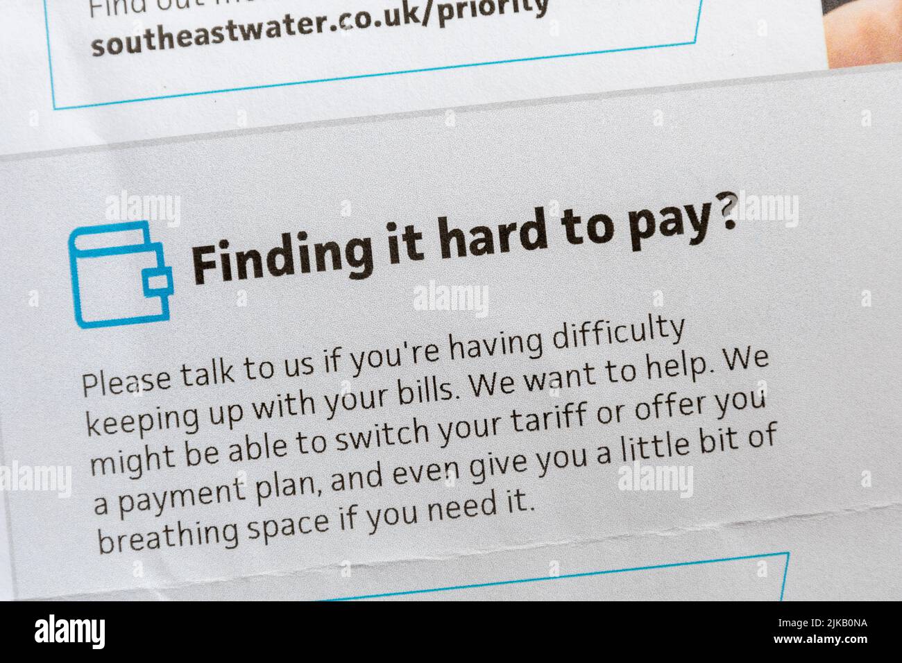 South East Water bill or letter, 2022, England, UK. Household bills during cost of living crisis, advice if finding it hard to pay. Stock Photo