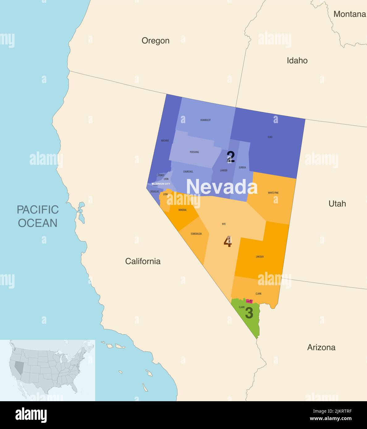 Nevada state counties colored by congressional districts vector map with neighbouring states and terrotories Stock Vector