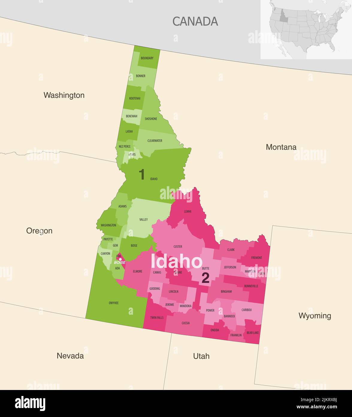 Idaho state counties colored by congressional districts vector map with neighbouring states and terrotories Stock Vector