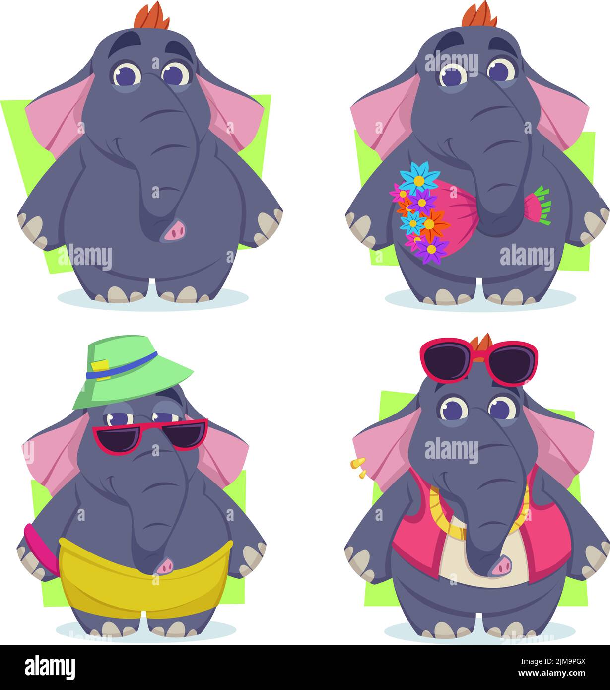 Set of cute hand-drawn cartoon elephants smiling, holding bouquet, wearing sunglasses and cap, waistcoat and chain Stock Vector