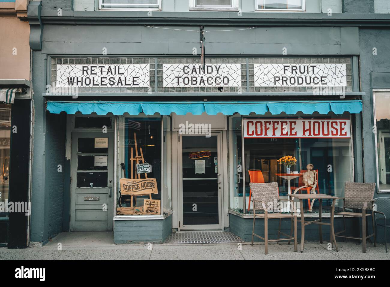 Coffee shop with vintage signs, Augusta, Maine Stock Photo