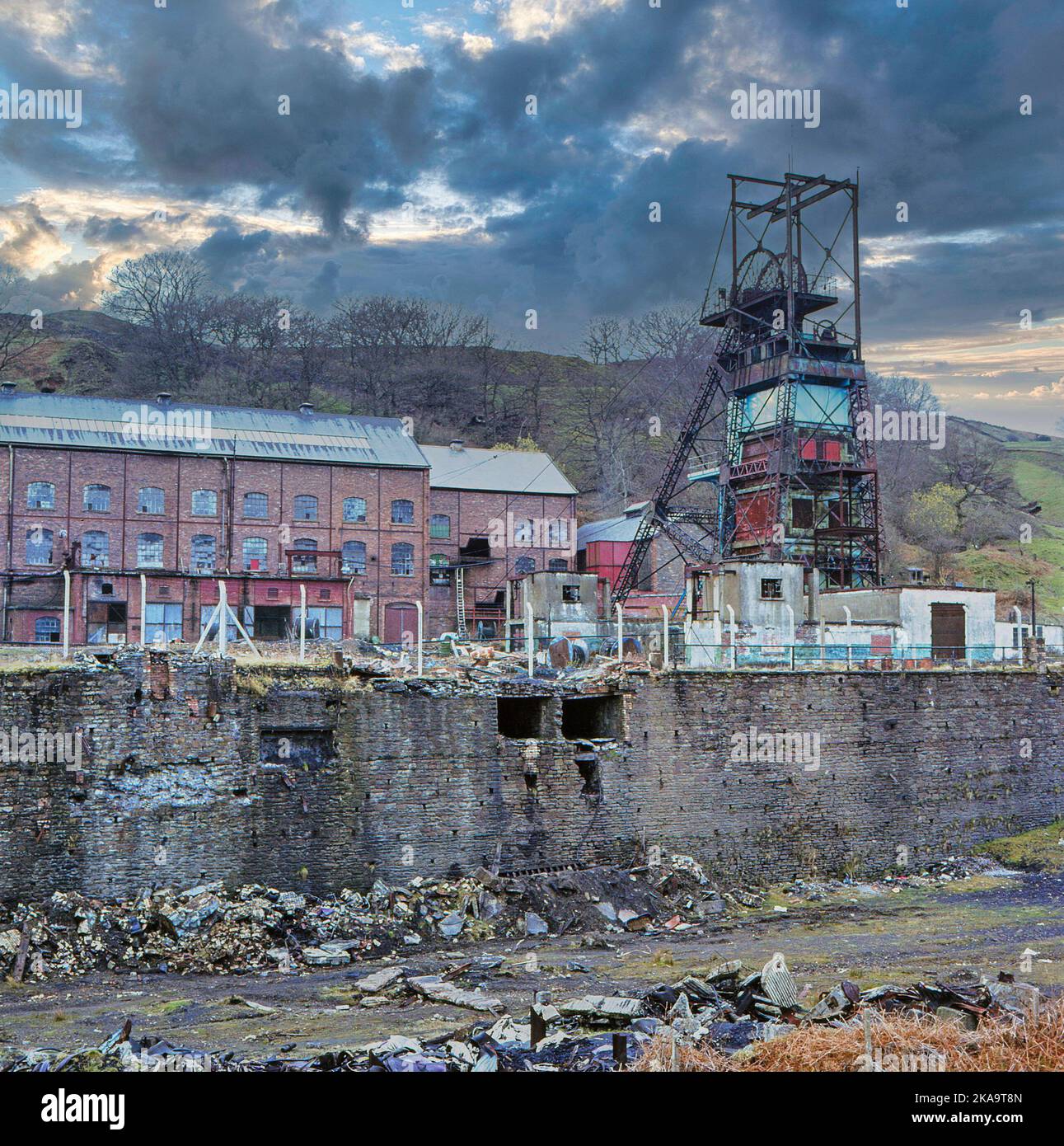 Closed, abandoned coal mine in the Rhondda Valley, South Wales, UK Stock Photo