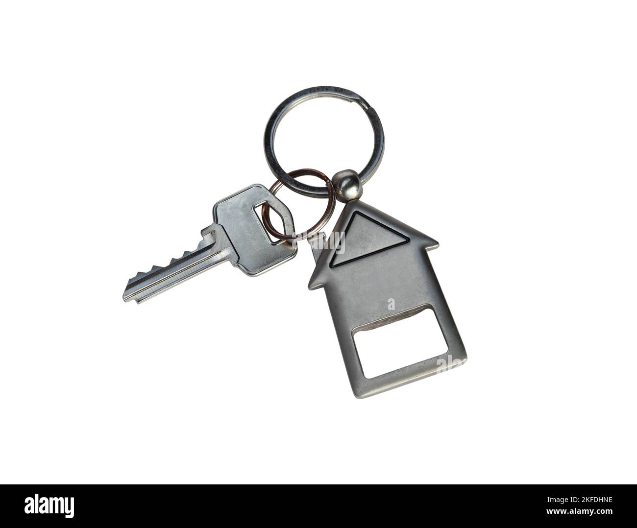 House key and keyring isolated on white Stock Photo