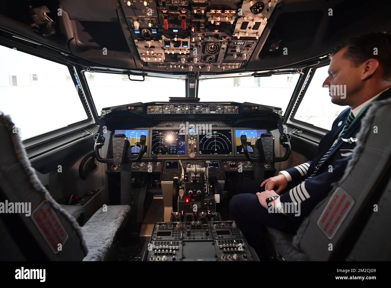 Illustration picture shows the cockpit of the first Boeing 737 MAX airplane of TUI, multinational travel and tourism company, at Brussels airport in Zaventem, Tuesday 30 January 2018. BELGA PHOTO DIRK WAEM  Stock Photo