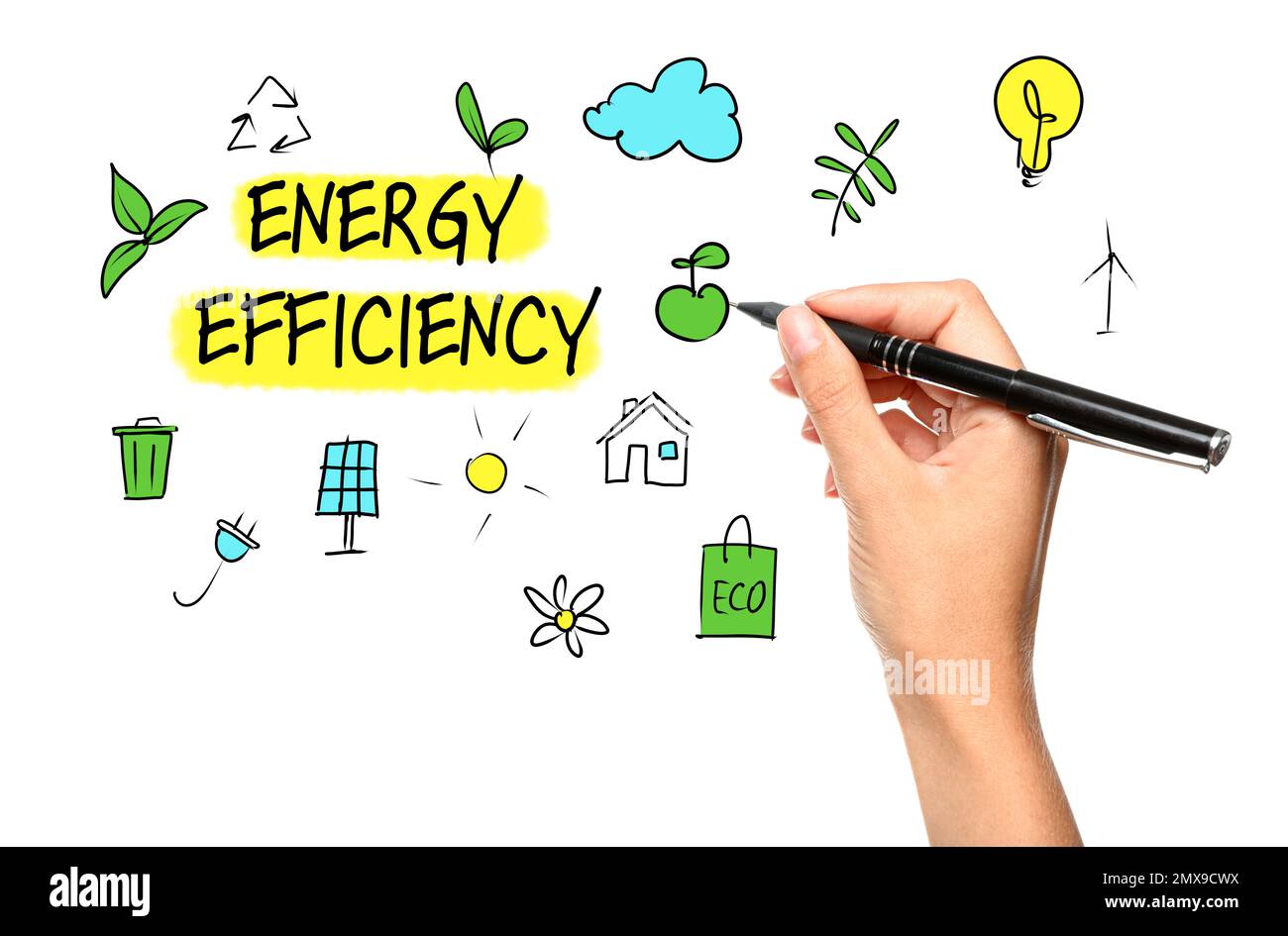 Energy efficiency concept. Woman drawing on white background Stock Photo