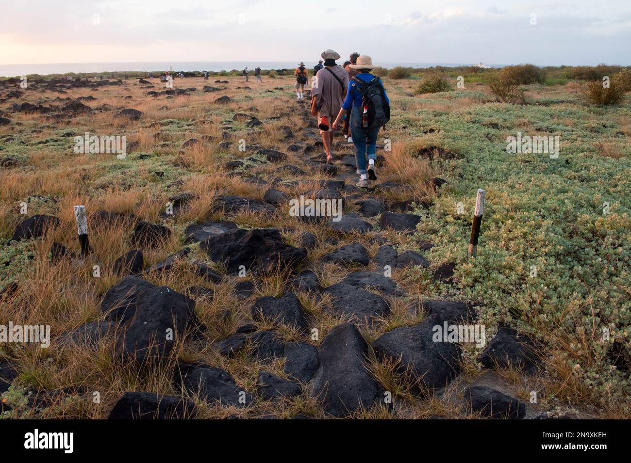 Tourists follow a trail on Espanola Island in Galapagos National Park ...