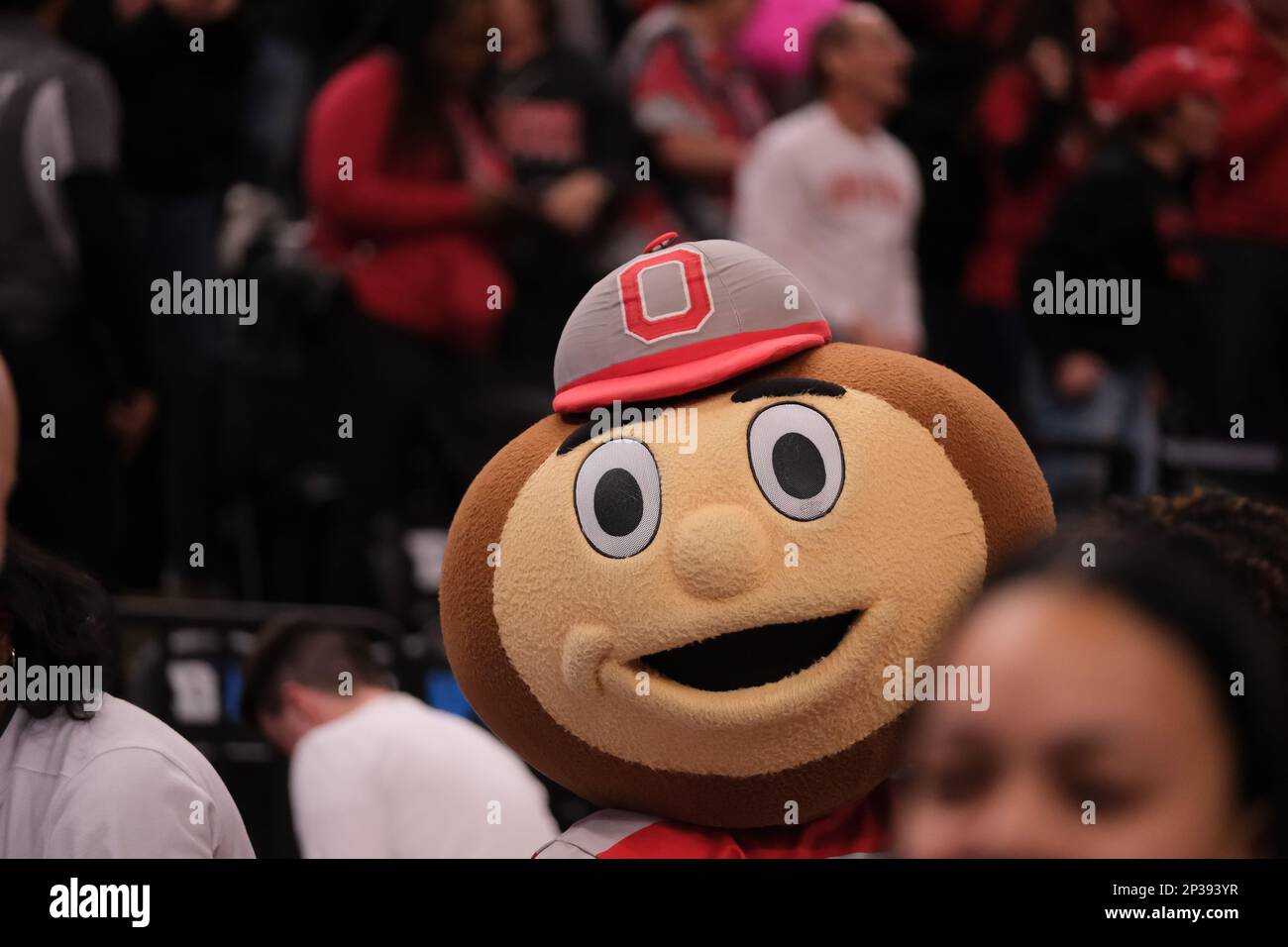 Minneapolis, Minnesota, USA. 4th Mar, 2023. Brutus the Buckeye at the end of Indiana versus Ohio State on Friday March 3rd at the 2023 Big Ten Women's Basketball Tournament Semifinals in Minneapolis, Minnesota. Ohio State won 79-75. (Credit Image: © Steven Garcia/ZUMA Press Wire) EDITORIAL USAGE ONLY! Not for Commercial USAGE! Stock Photo