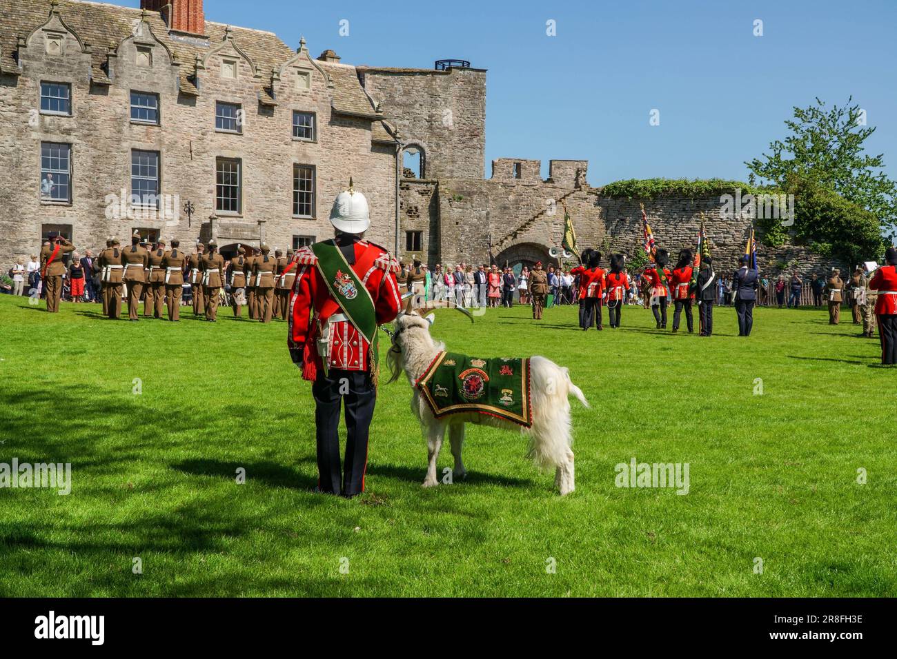 Royal Welsh Guards with mascot celebrate the reaffirmation for their Freedom of the County in the grounds of Hay Castle Powys Wales UK. May 2023 Stock Photo