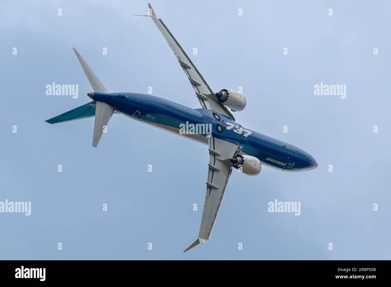 The new Boeing 737 Max 10, expecting to start deliveries in 2023. This photo is not modified, it really was turning at that angle! You probably don't Stock Photo