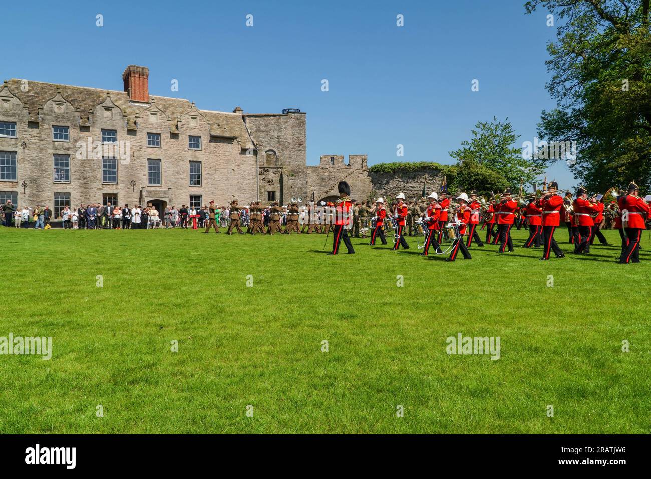 Royal Welsh Military Band, veterans and cadets celebrate the reaffirmation for their Freedom of the County in the grounds of Hay Castle Powys Wales UK Stock Photo