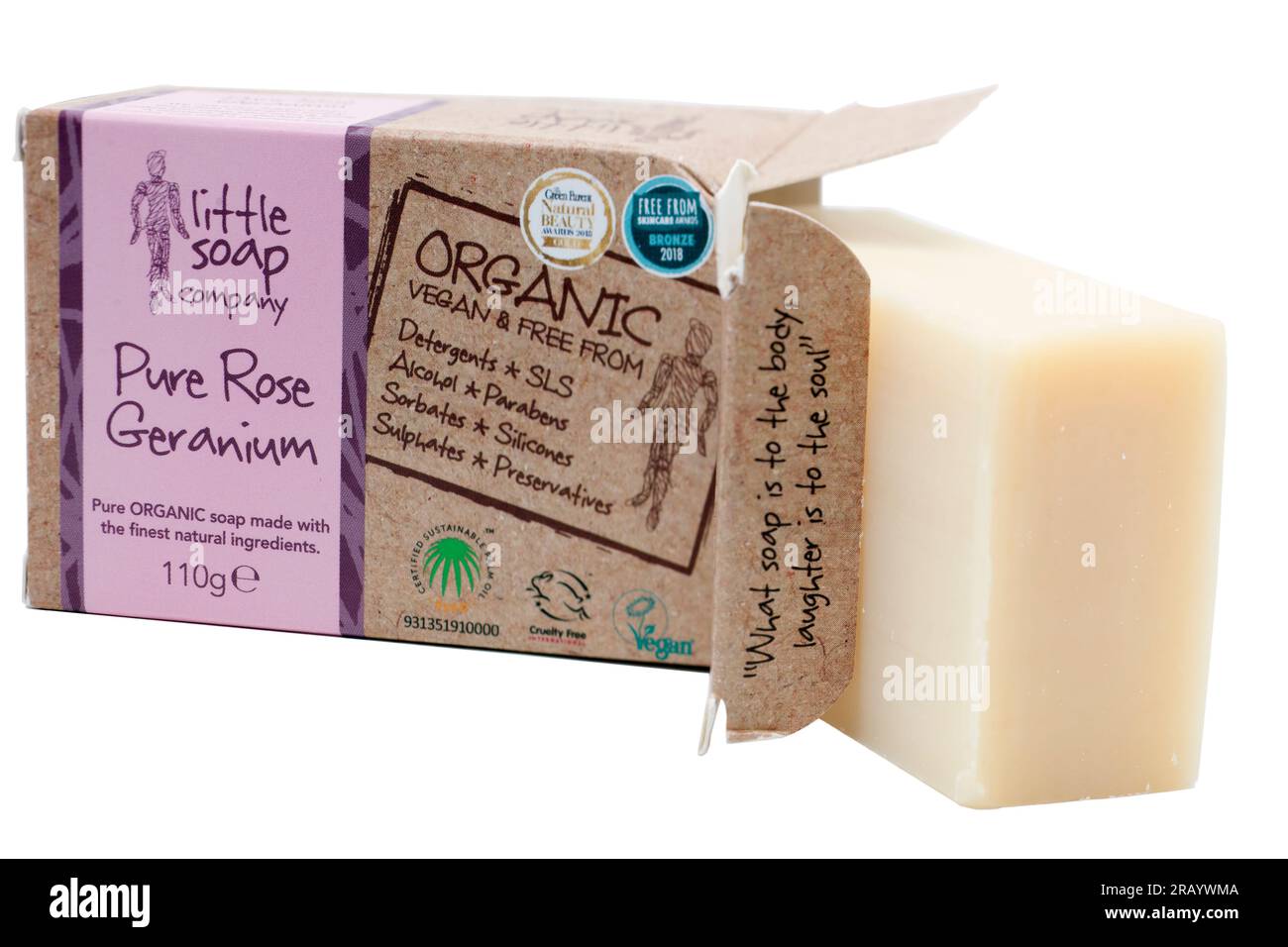 110g Bar of Pure Rose Geranium Organic Soap from The Little Soap Company Stock Photo