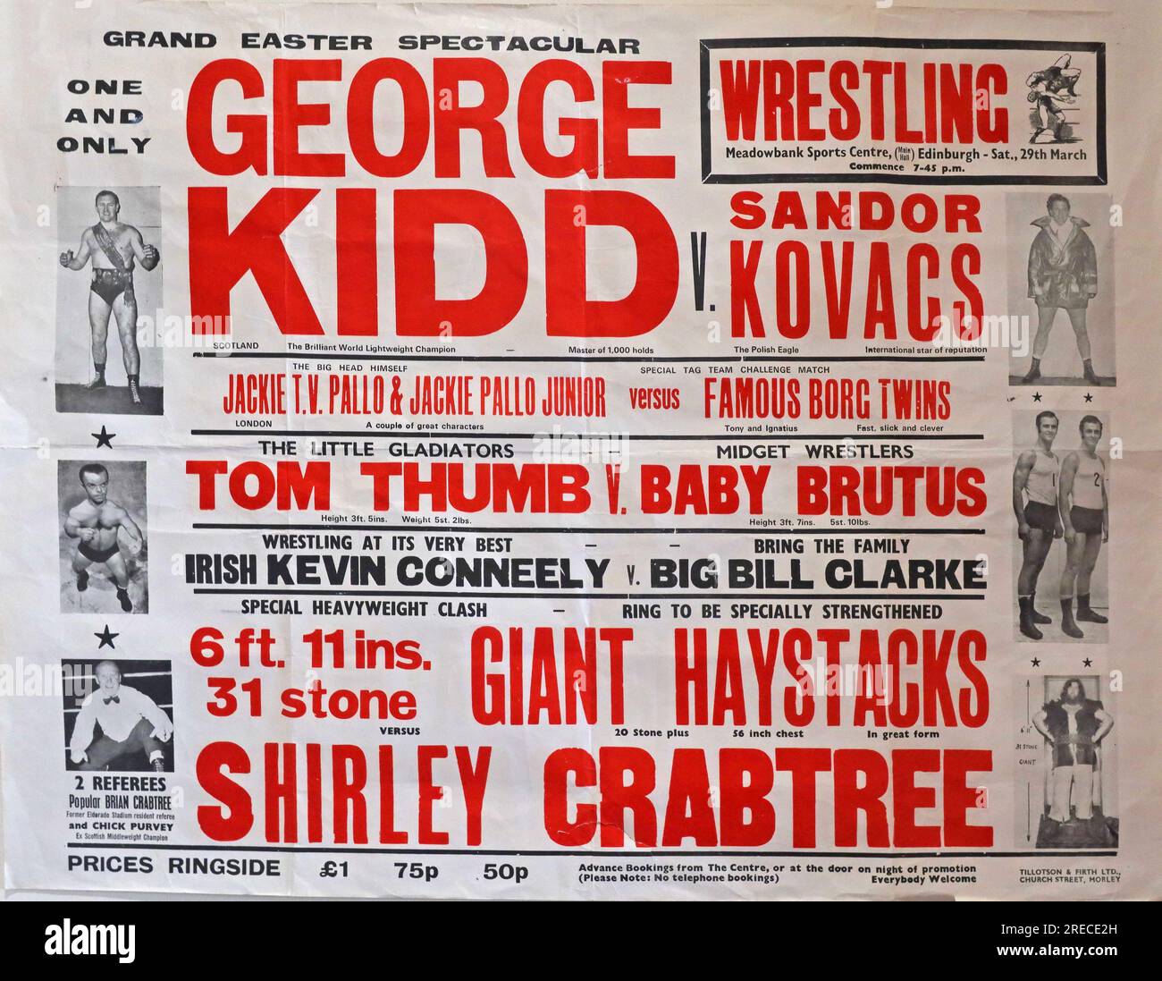 Meadowbank sports centre stadium wrestling poster, Sat 29th Mar Easter 1975,George Kidd, Sandor Kovacs, midget Tom Thumb, Baby Brutus Stock Photo