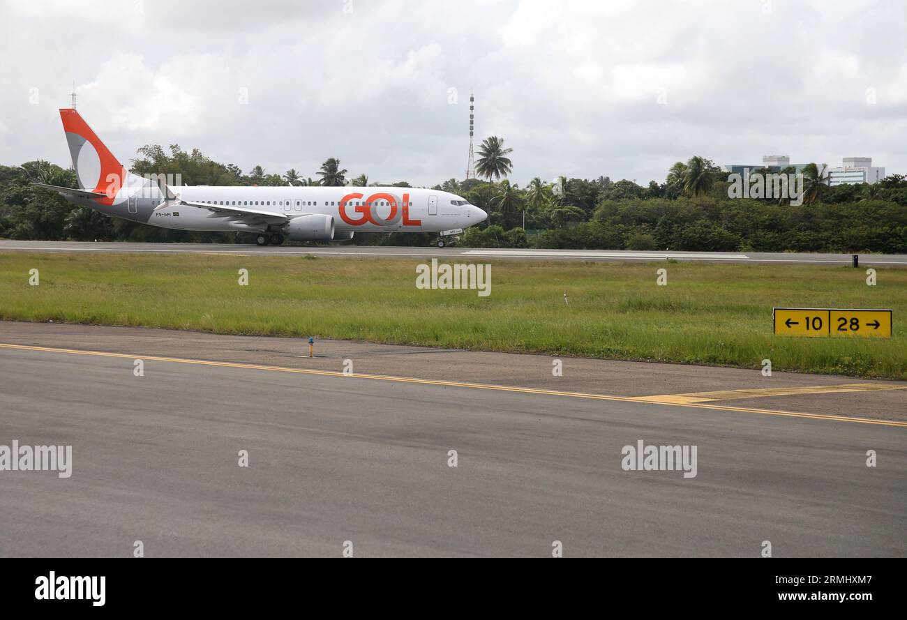 salvador, bahia, brazil - august 21, 2023: Boeing 737 MAX 8 aircraft seen during takeoff on the runway of Salvador city airport. Stock Photo