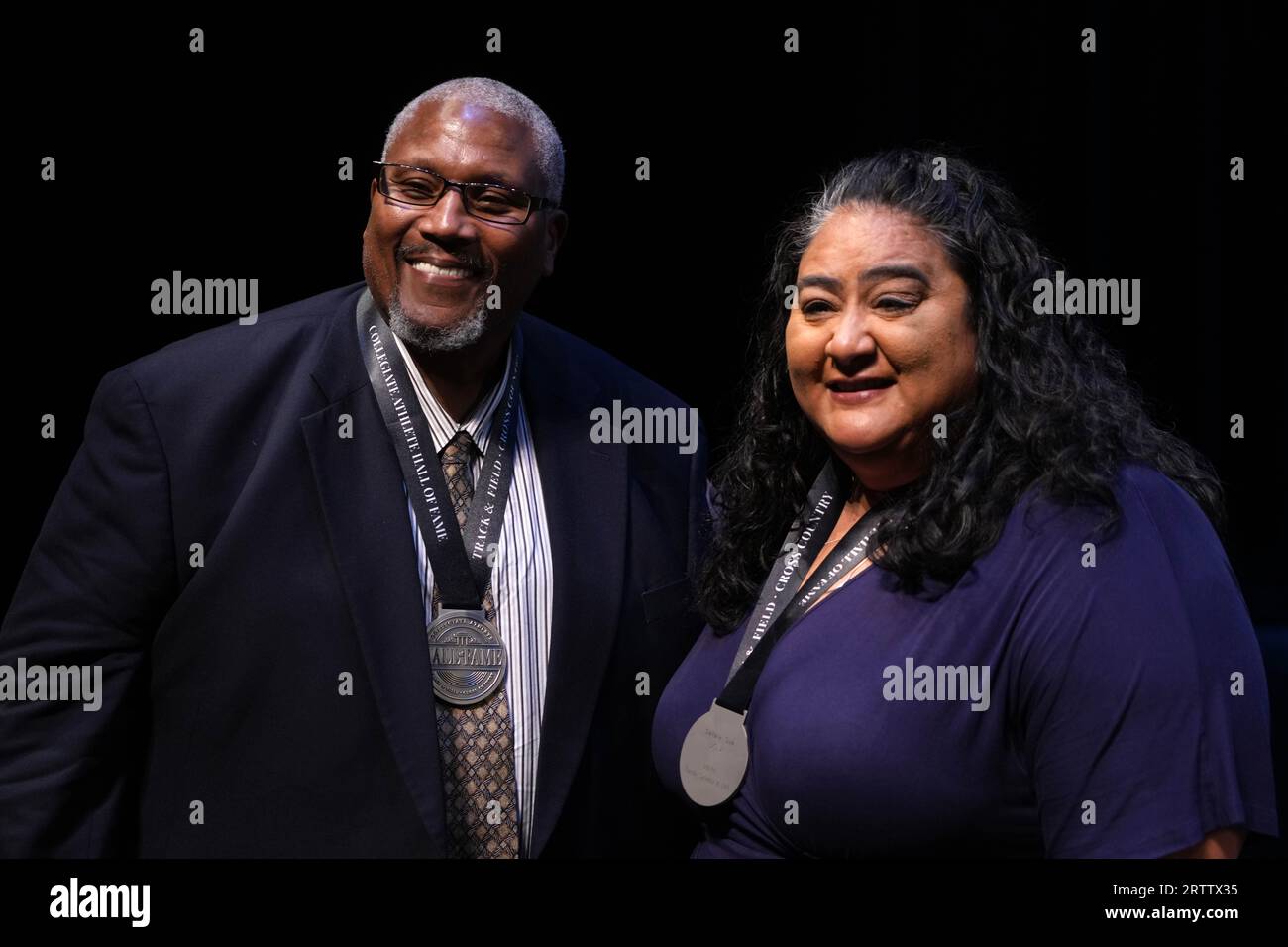 Michael Carter (SMU), left, and Seilala Sua Zumbado (UCLA) pose during the Collegiate Athlete Hall of Fame Induction at the Hult Center for Performing Arts, Thursday, Sept. 14, 2023, in Eugene, Ore. Stock Photo